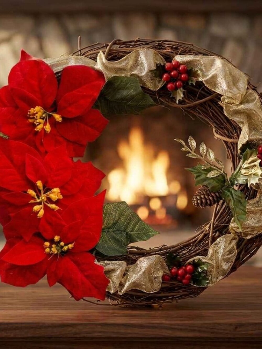 💫Farmhouse /Rustic Poinsettia Christmas wreath – Grapevine  w Holly Berries ✨🎄